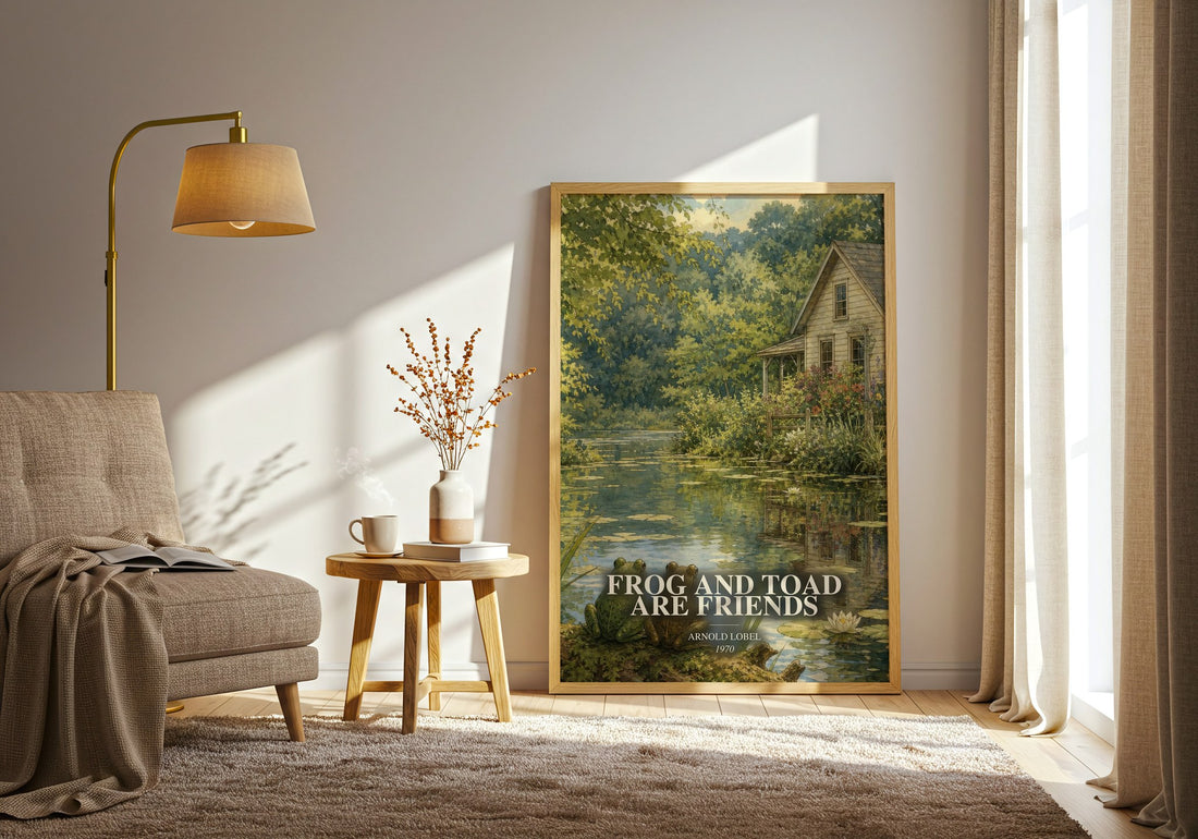 Frog and Toad Are Friends watercolour print in frame leaning in hallway – childrens wall art
