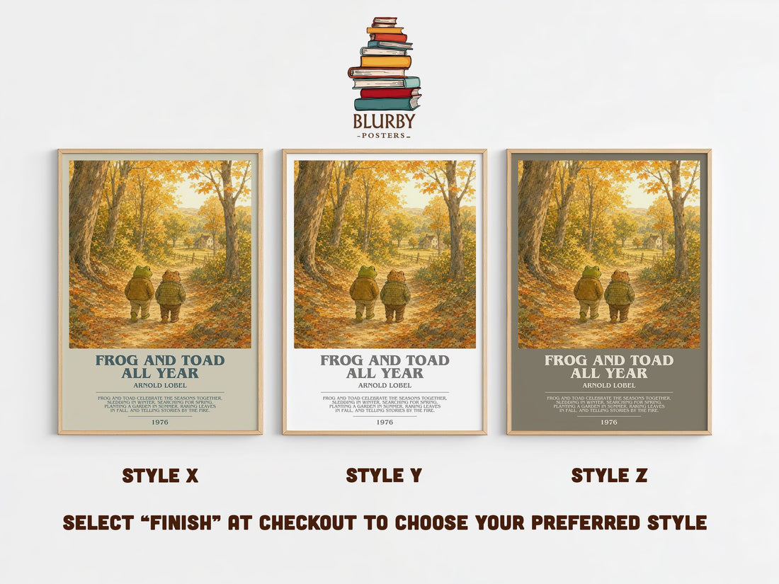 Frog and Toad All Year bookish print in frame leaning in hallway – childrens wall art (mockup)