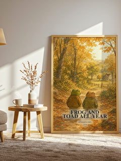 Frog and Toad All Year watercolour print in frame leaning in hallway – childrens wall art