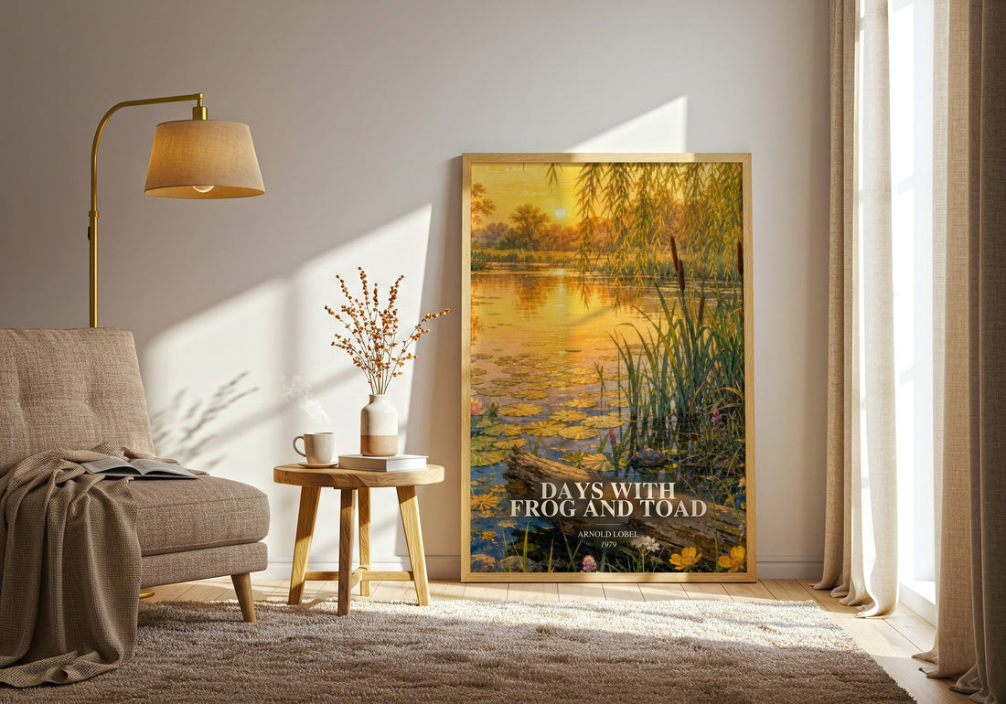 Days With Frog and Toad watercolour print in frame leaning in hallway – childrens wall art