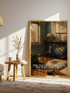 The Man Who Mistook His Wife for a Hat watercolour print in frame leaning in hallway – non fiction wall art