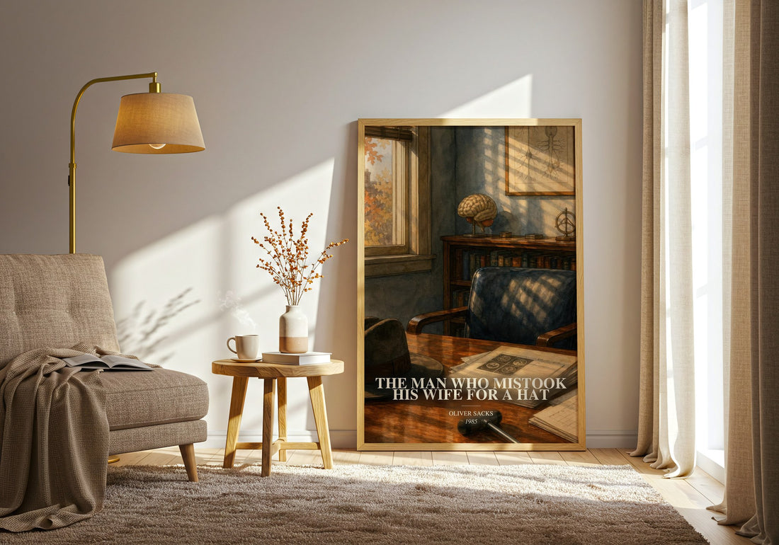 The Man Who Mistook His Wife for a Hat watercolour print in frame leaning in hallway – non fiction wall art