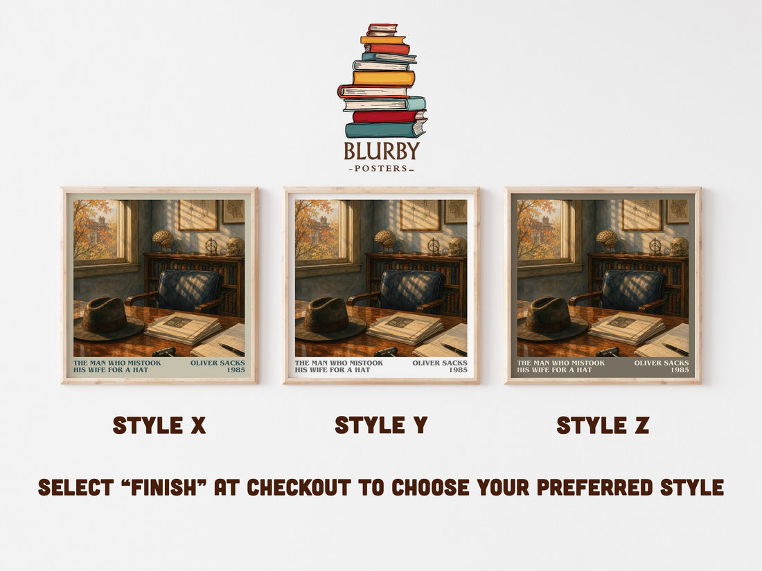 The Man Who Mistook His Wife for a Hat literary print in frame leaning in hallway – non fiction wall art (mockup)