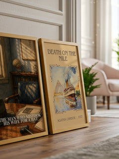 The Man Who Mistook His Wife for a Hat watercolour print framed by window – literary home decor