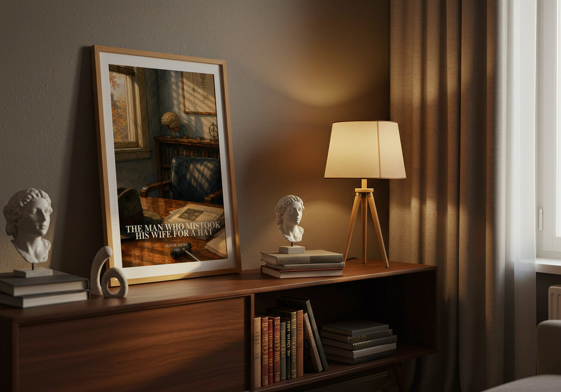 The Man Who Mistook His Wife for a Hat watercolour print on bookshelf – Oliver Sacks fan gift