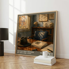 The Man Who Mistook His Wife for a Hat literary print framed by window – literary home decor