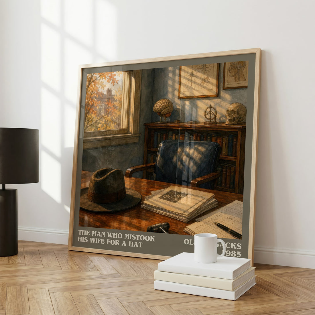 The Man Who Mistook His Wife for a Hat literary print framed by window – literary home decor