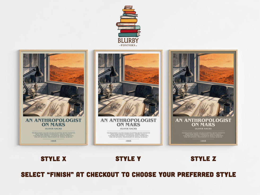An Anthropologist on Mars bookish print in frame leaning in hallway – non fiction wall art (mockup)