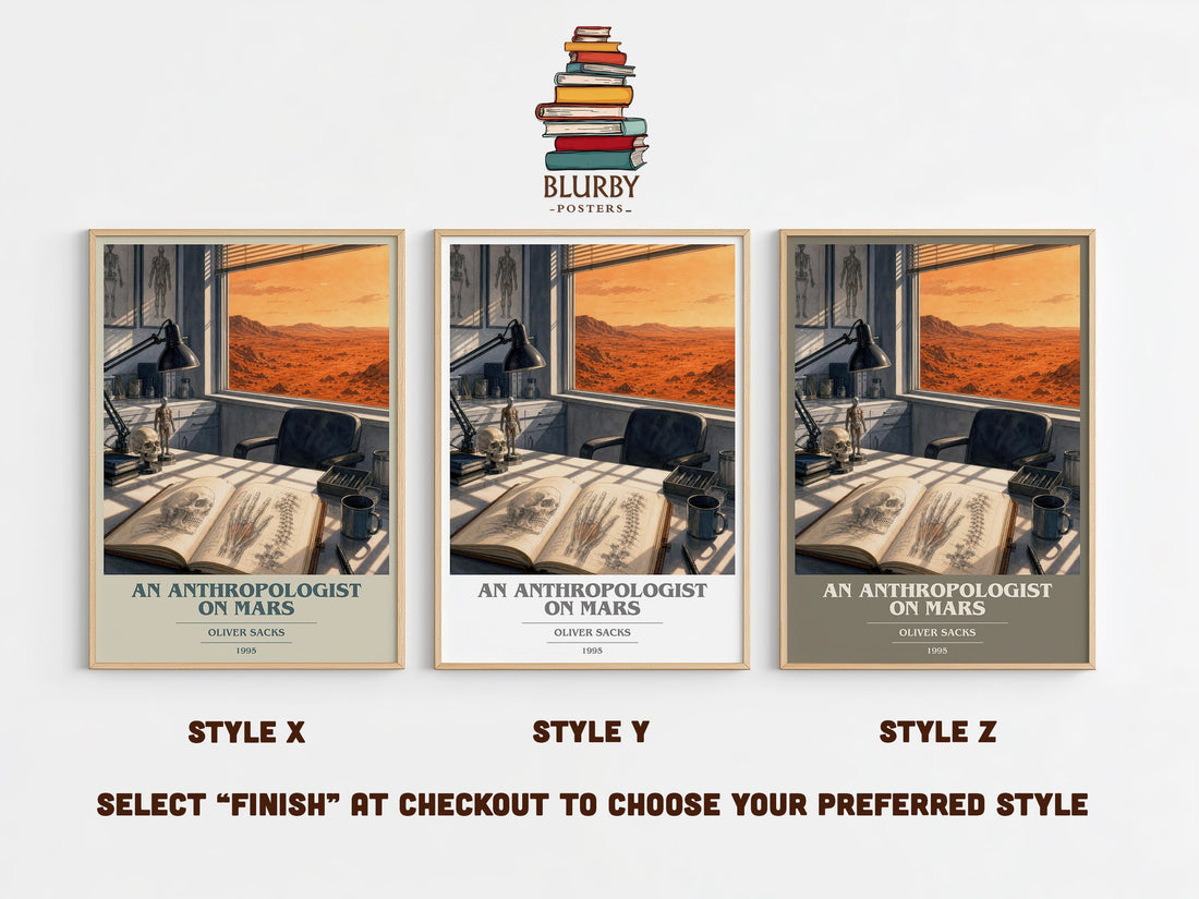 An Anthropologist on Mars book cover print in frame leaning in hallway – non fiction wall art (mockup)