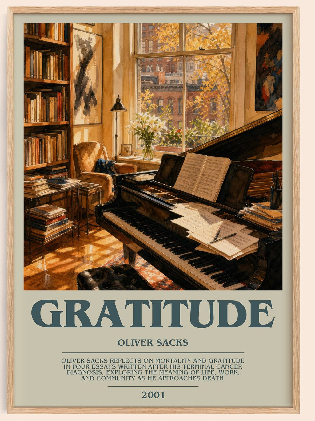 Gratitude bookish book poster by Oliver Sacks – framed literary art print