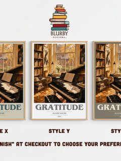 Gratitude book cover print in frame leaning in hallway – memoir wall art