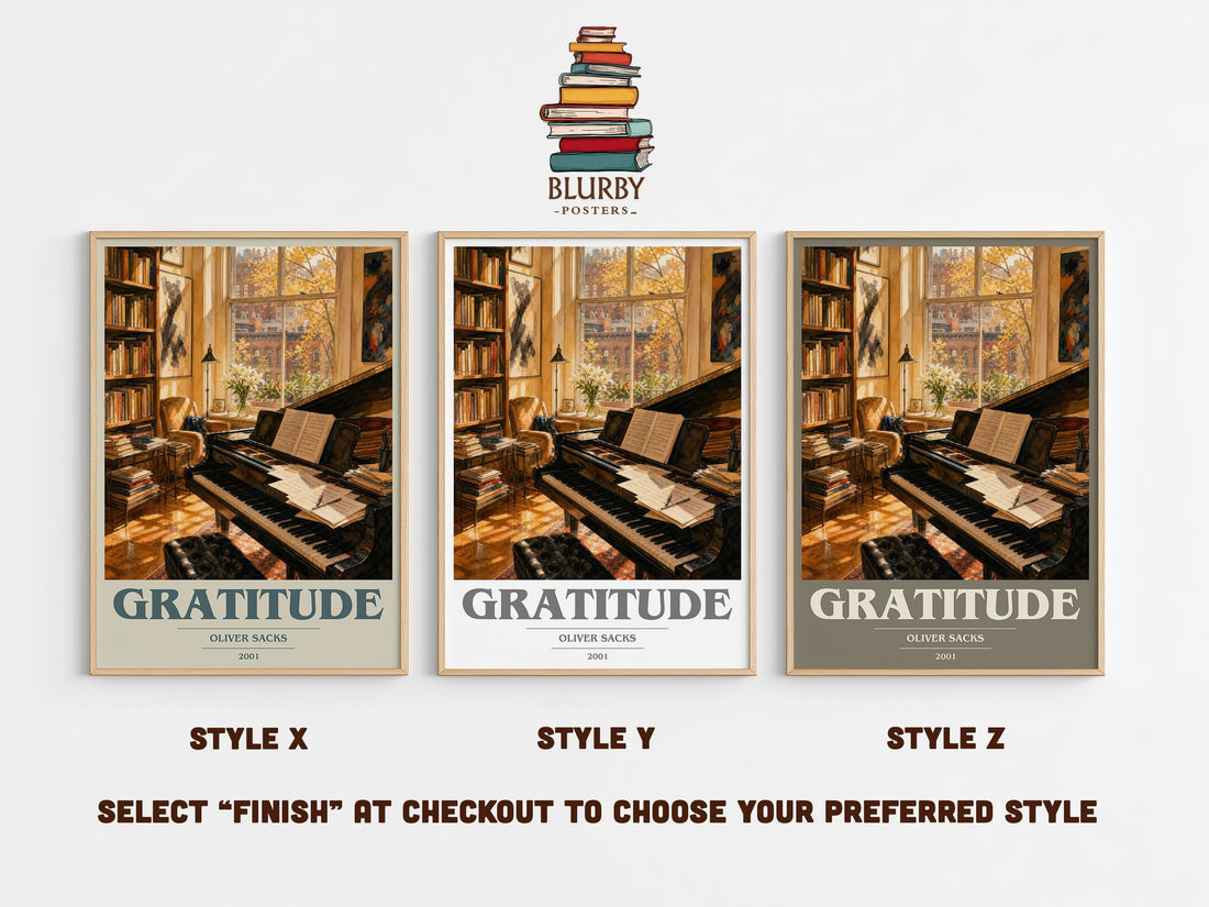 Gratitude book cover print in frame leaning in hallway – memoir wall art (mockup)