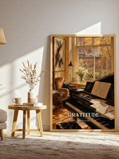 Gratitude watercolour print in frame leaning in hallway – memoir wall art