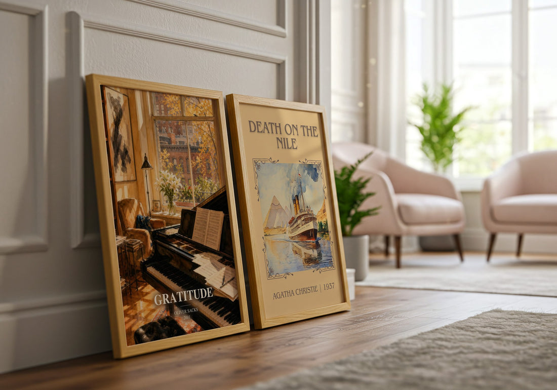 Gratitude watercolour print framed by window – literary home decor