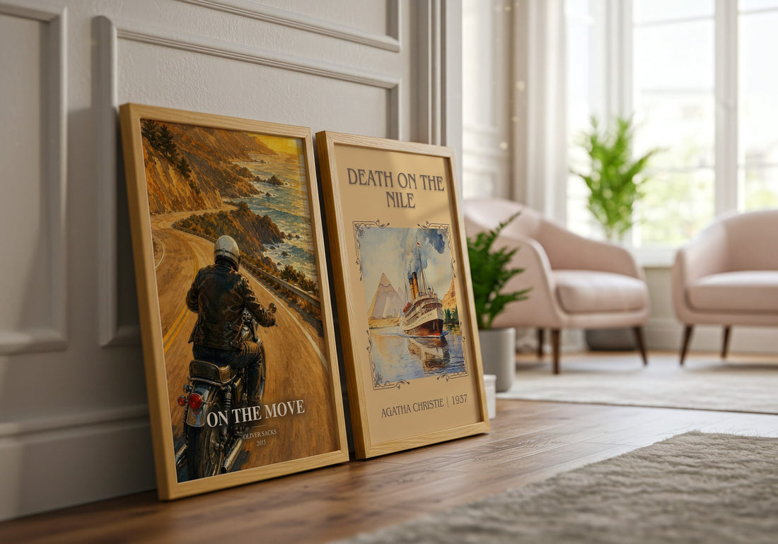 On the Move watercolour print framed by window – literary home decor