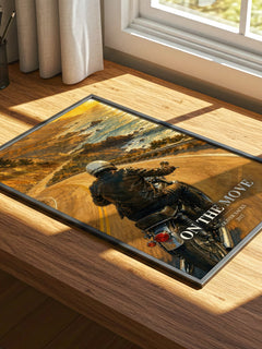 On the Move watercolour book poster framed on wall – memoir wall art