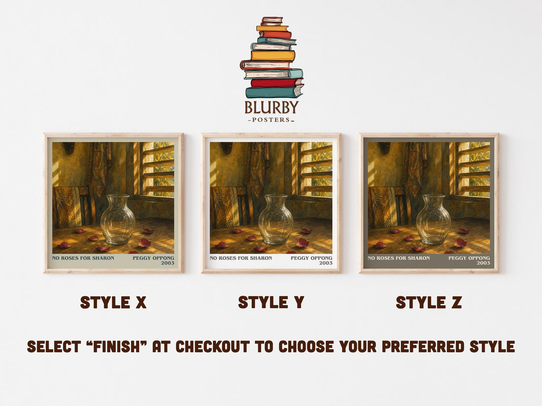 No Roses For Sharon literary print in frame leaning in hallway – contemporary fiction wall art (mockup)