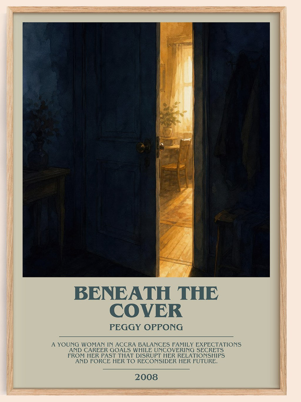 Beneath the cover bookish book poster by Peggy Oppong – framed literary art print