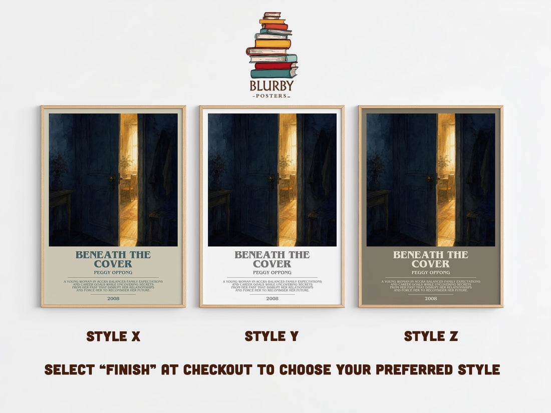 Beneath the cover bookish print in frame leaning in hallway – contemporary fiction wall art (mockup)