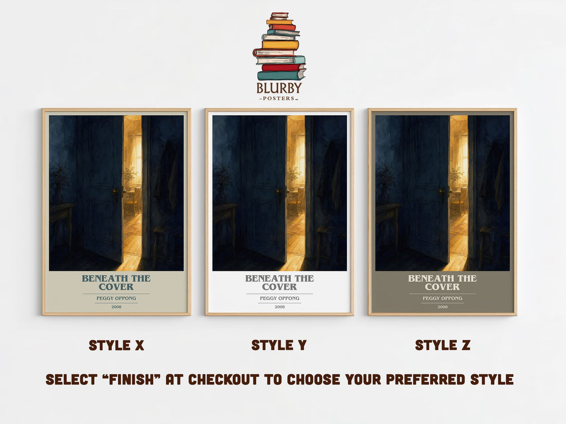 Beneath the cover book cover print in frame leaning in hallway – contemporary fiction wall art (mockup)