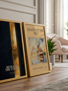 Beneath the cover watercolour print framed by window – literary home decor