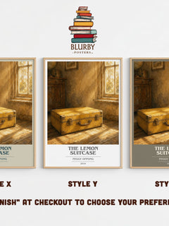 The lemon suitcase book cover print in frame leaning in hallway – contemporary fiction wall art