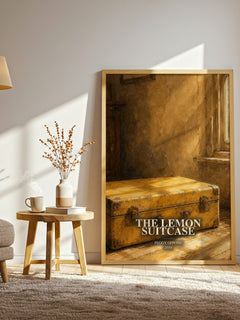 The lemon suitcase watercolour print in frame leaning in hallway – contemporary fiction wall art