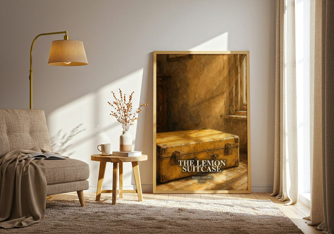 The lemon suitcase watercolour print in frame leaning in hallway – contemporary fiction wall art