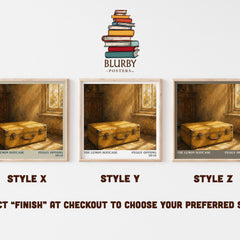 The lemon suitcase literary print in frame leaning in hallway – contemporary fiction wall art