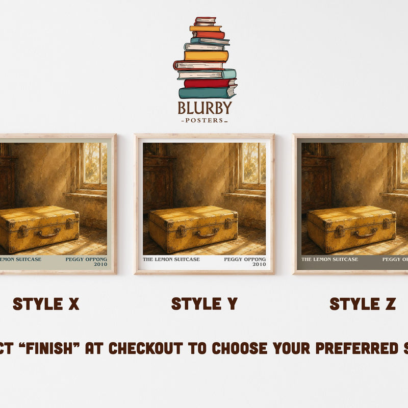 The lemon suitcase literary print in frame leaning in hallway – contemporary fiction wall art