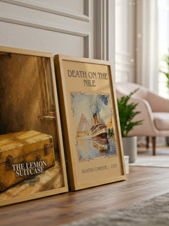 The lemon suitcase watercolour print framed by window – literary home decor