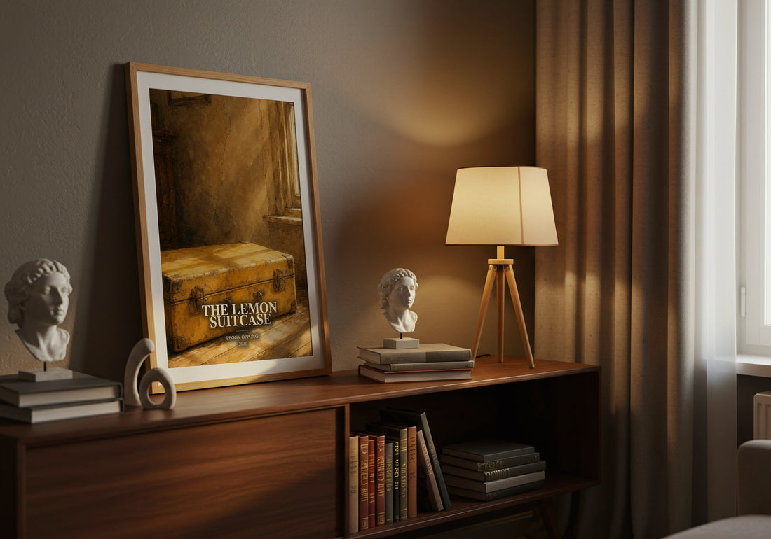 The lemon suitcase watercolour print on bookshelf – Peggy Oppong fan gift