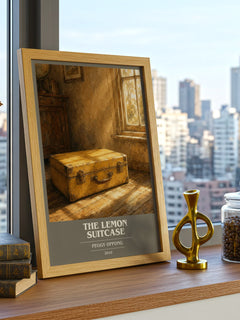 The lemon suitcase book cover print framed by window – literary home decor