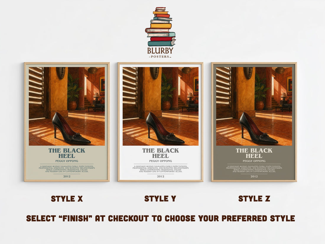 The black heel bookish print in frame leaning in hallway – literary fiction wall art (mockup)