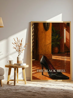 The black heel watercolour print in frame leaning in hallway – literary fiction wall art