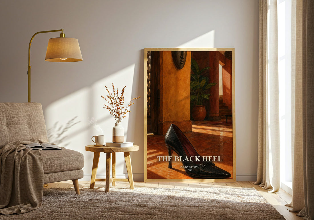 The black heel watercolour print in frame leaning in hallway – literary fiction wall art
