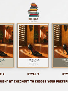 The black heel book cover print in frame leaning in hallway – literary fiction wall art