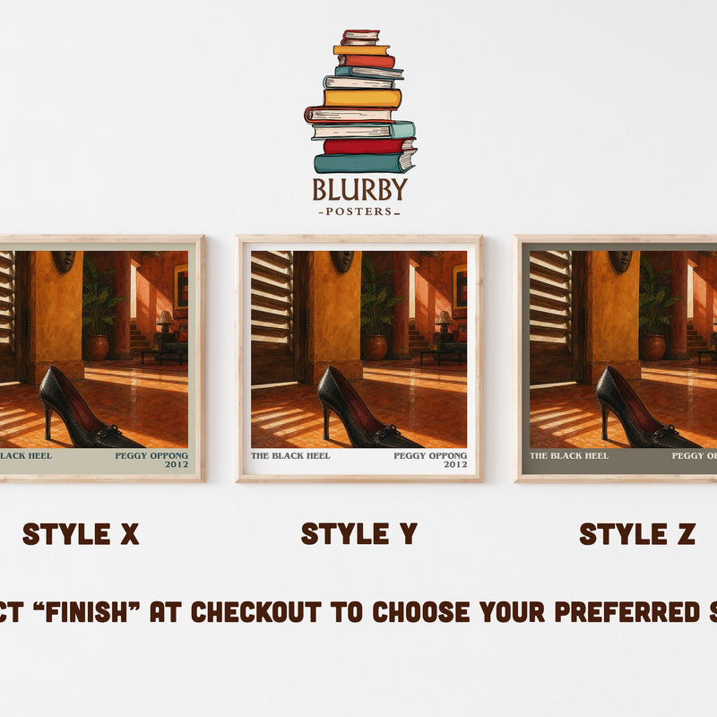 The black heel literary print in frame leaning in hallway – literary fiction wall art