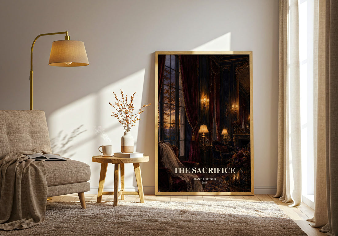 The Sacrifice watercolour print in frame leaning in hallway – romance wall art