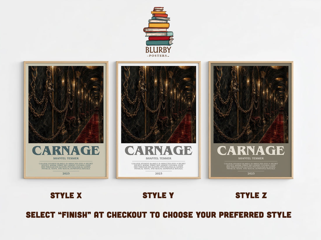 Carnage bookish print in frame leaning in hallway – romance wall art (mockup)