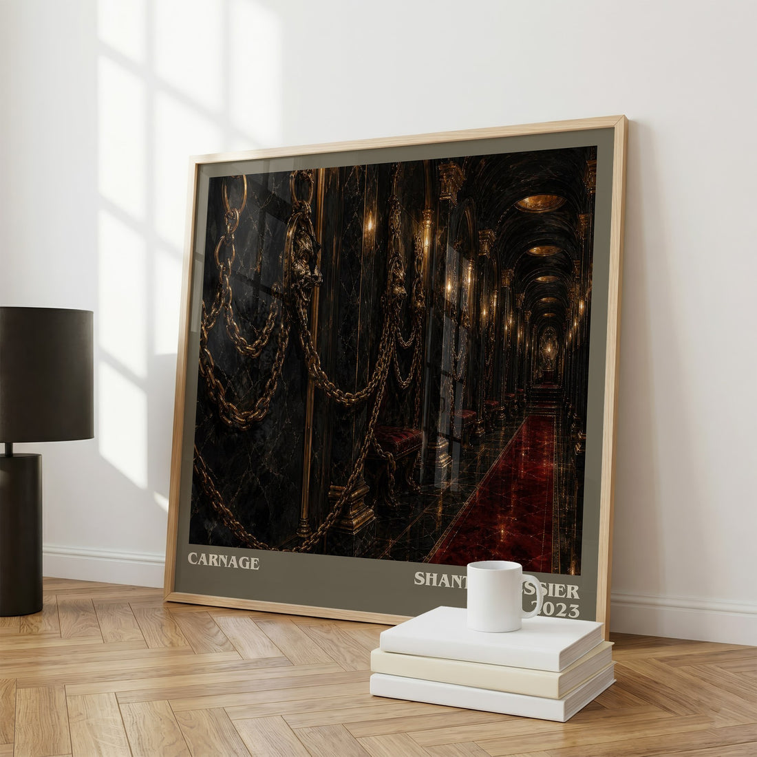 Carnage Literary Art Print by Shantel Tessier – large square framed print leaning against a wall