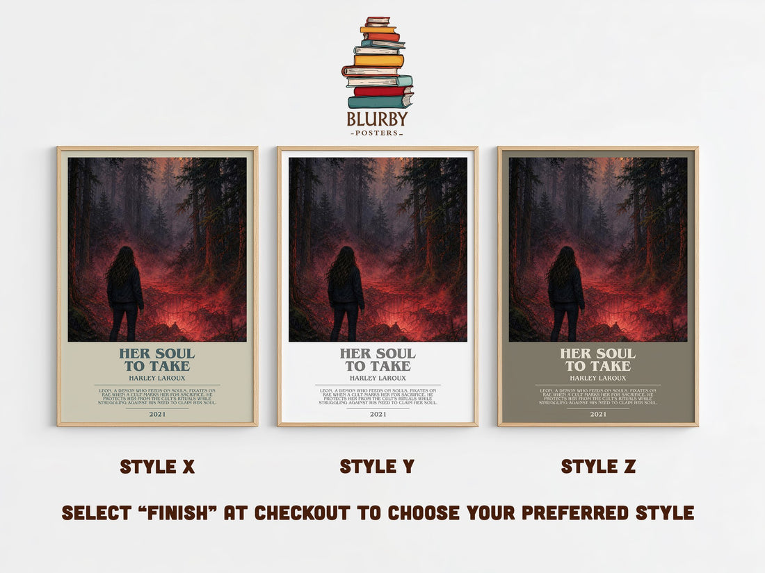 Her Soul to Take bookish print in frame leaning in hallway – romance wall art (mockup)