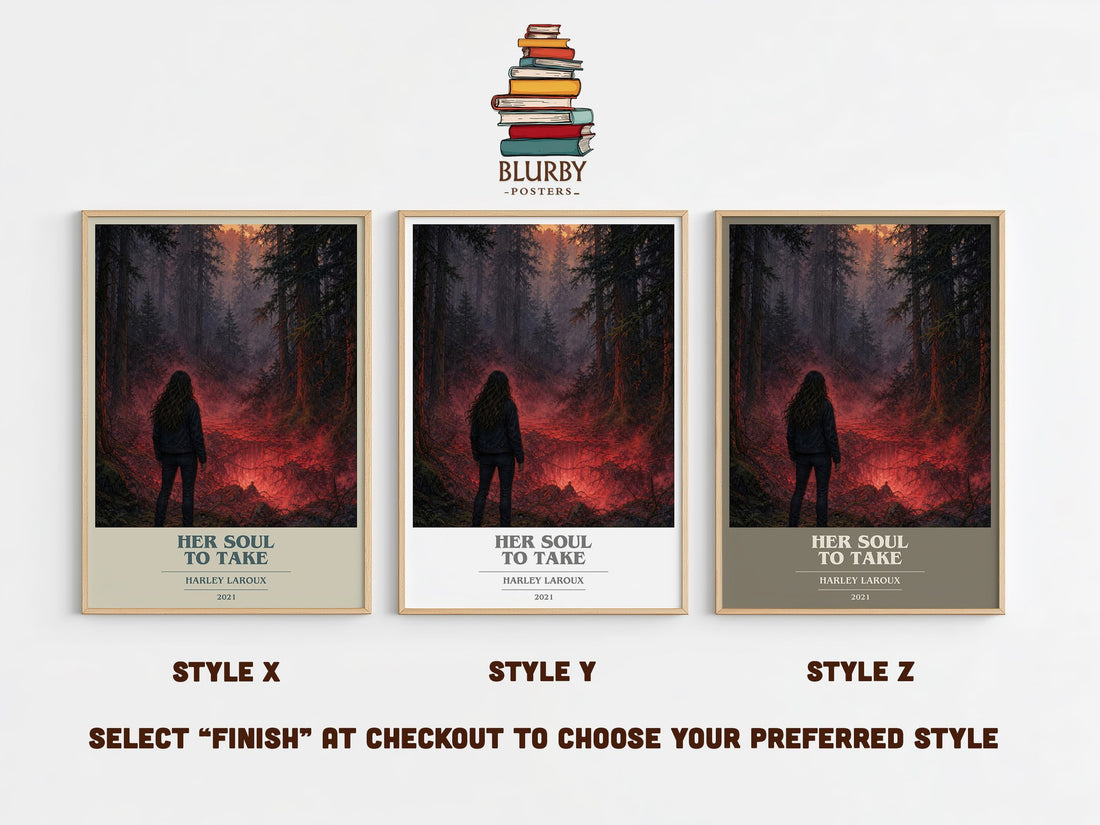 Her Soul to Take book cover print in frame leaning in hallway – romance wall art (mockup)