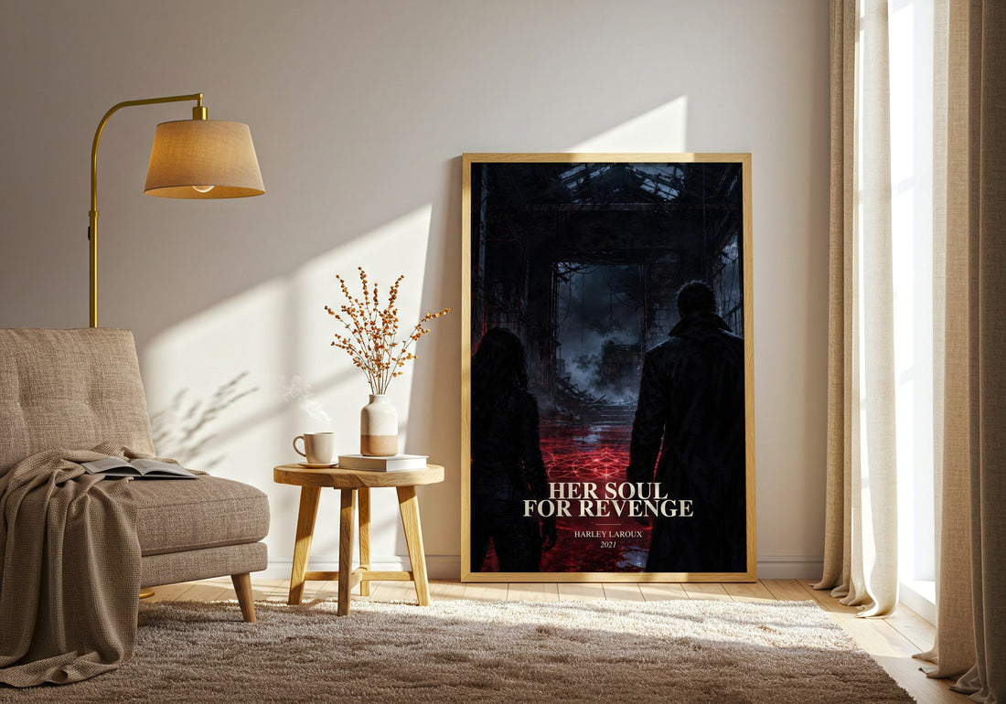 Her Soul for Revenge watercolour print in frame leaning in hallway – romance wall art
