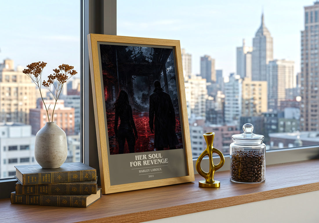 Her Soul for Revenge book cover print framed by window – literary home decor