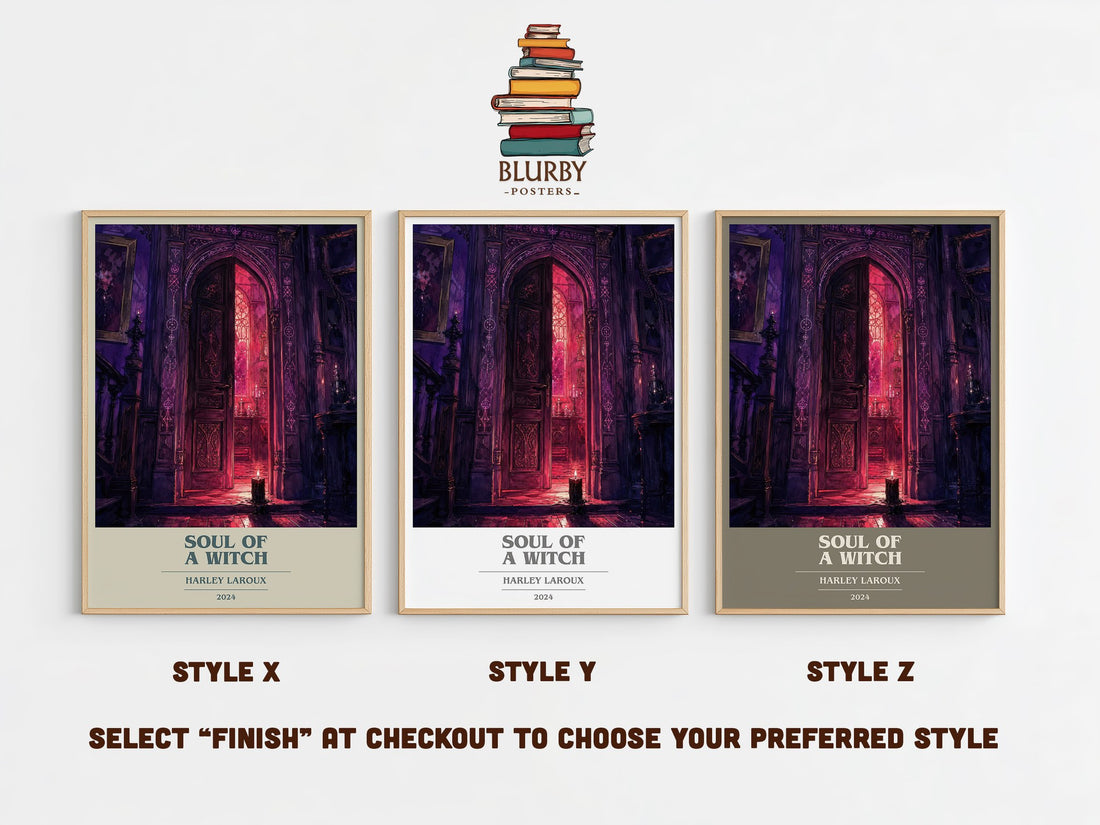 Soul of a Witch book cover print in frame leaning in hallway – romance wall art (mockup)