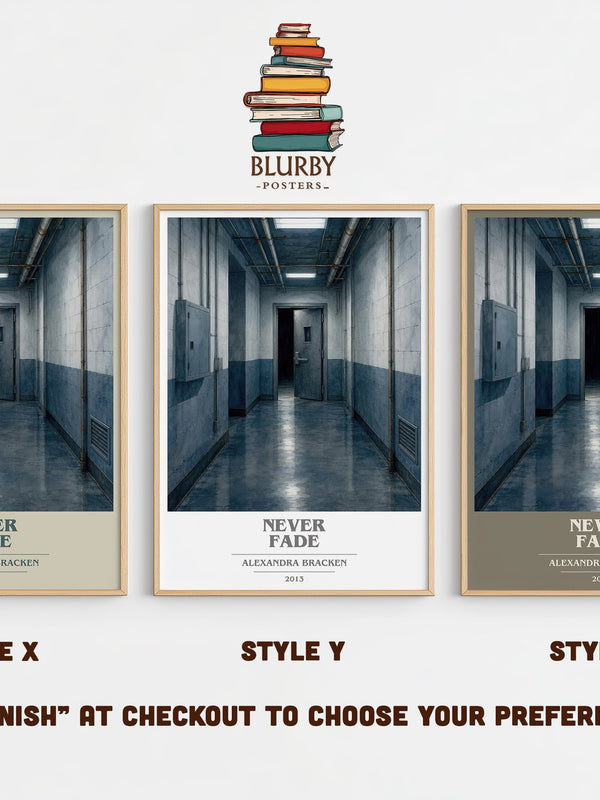 Never fade book cover print in frame leaning in hallway – dystopian wall art