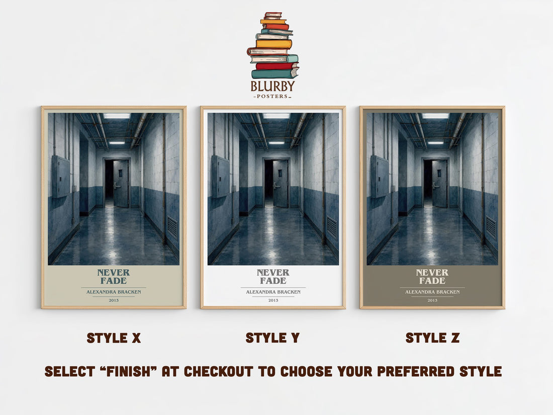Never fade book cover print in frame leaning in hallway – dystopian wall art (mockup)