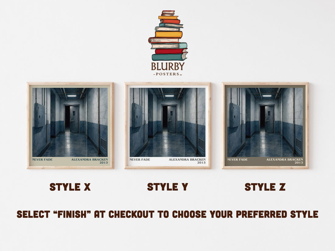 Never fade literary print in frame leaning in hallway – dystopian wall art (mockup)