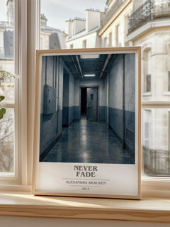 Never fade Book Cover Poster by Alexandra Bracken – framed print by a bright window